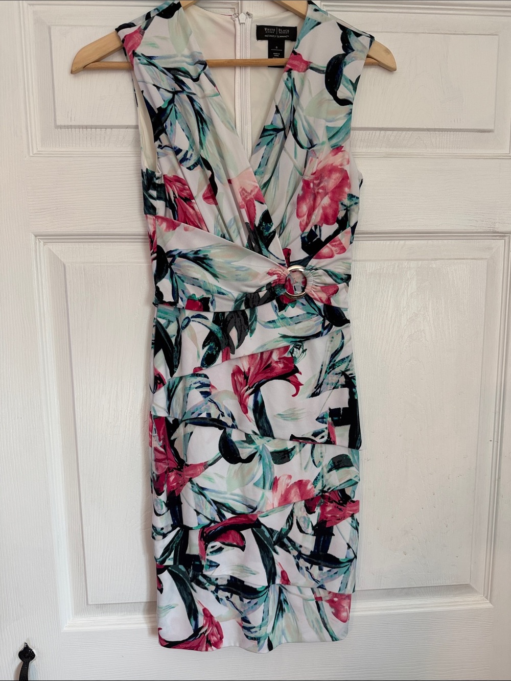 White House Black Market White Floral Midi Dress with Pink and Green Accents
